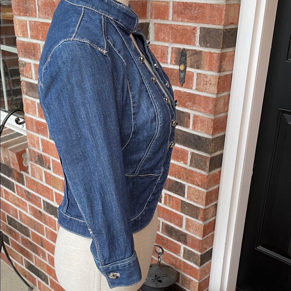 White House Black Market Dark Blue Denim Military-Style Jean Jacket - Picture 6 of 11